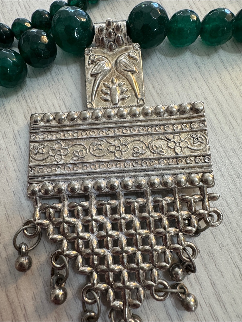 Handcrafted Green Bead Necklace with Silver Filigree Pendant